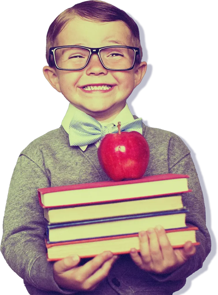Old time photo of boy in bow tie holding books - contact JTO